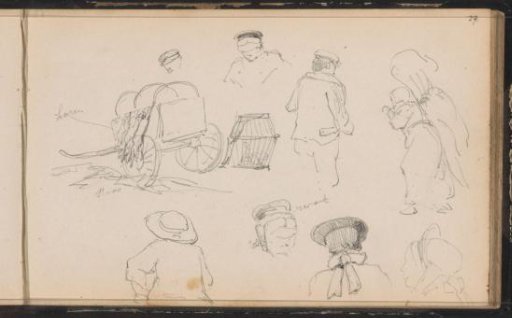 Figures with headgear and a cart