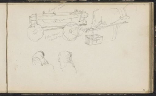 Horse and carriage and two female heads