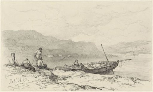 Figures by a flat-bottomed boat