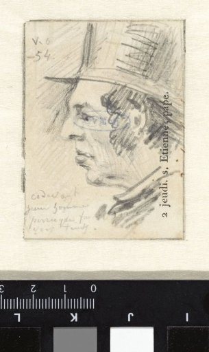 Profile of a man with a tall hat, to the left