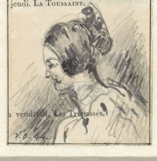Sketch of a woman's head, in profile to the left