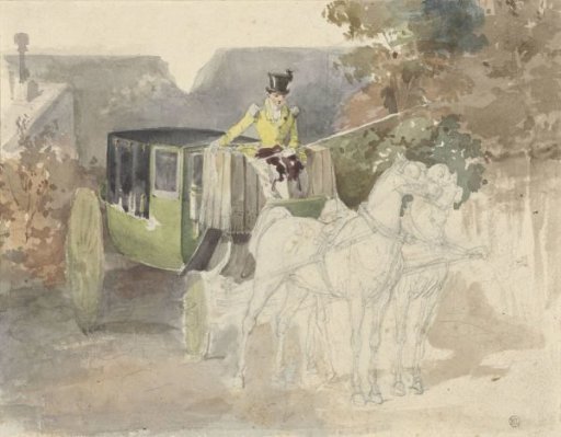 Coupe with two horses, in a wooded environment