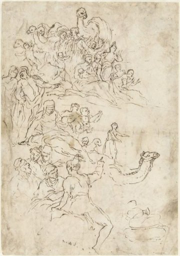 Camels and groups of waiting and gesturing people