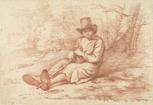 Seated boy with hat and stick, by a tree