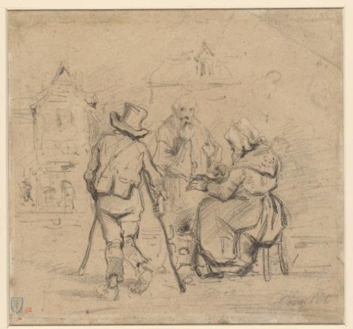 Street scene with a man on crutches and an old woman warming her hands over a fire