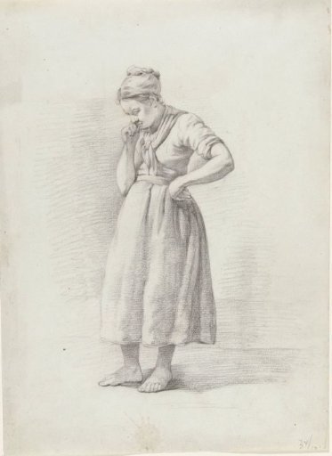 Standing woman, to the left, one hand on hip, the other on chin