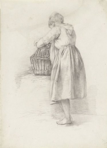 Standing young woman, with arms resting on a basket