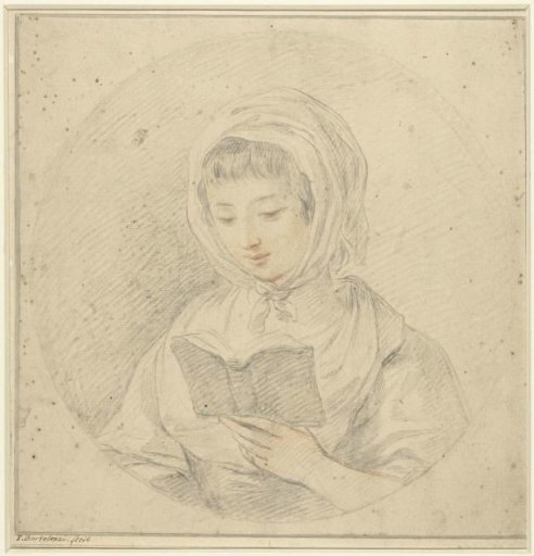 Girl reading a book, in an oval