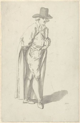 Standing figure in long coat and hat, left hand in his waistcoat