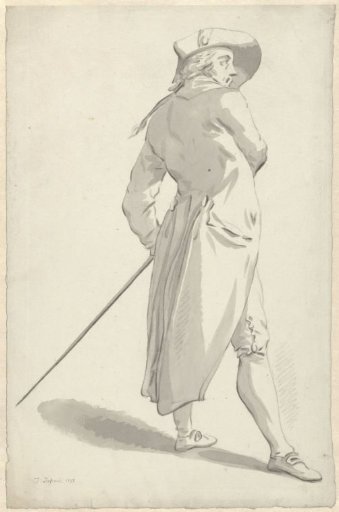 Standing figure in long coat and hat with sword, facing right