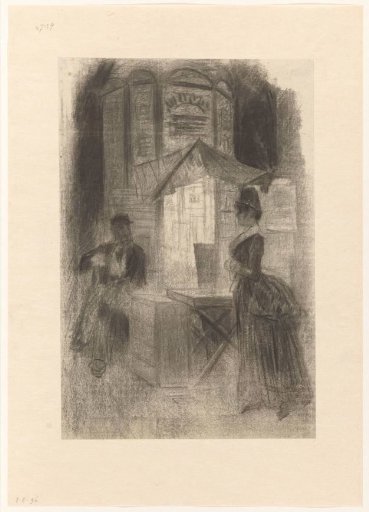Woman passes a kiosk in the evening