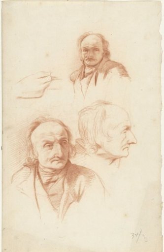 Three studies of the head of an old man and a hand