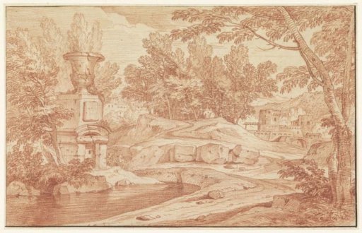 Landscape with a monumental vase and some buildings