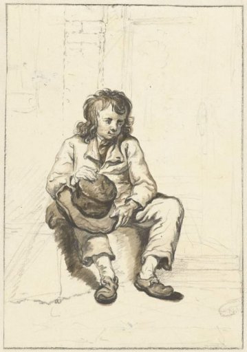 Seated boy with hat on lap at a doorway