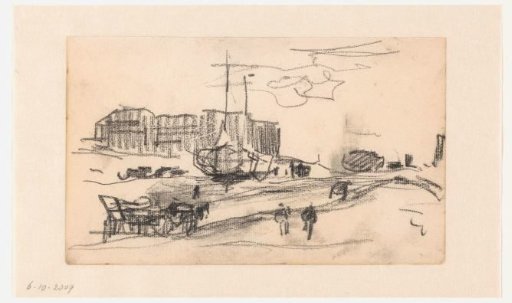 View of the beach with ships and various figures