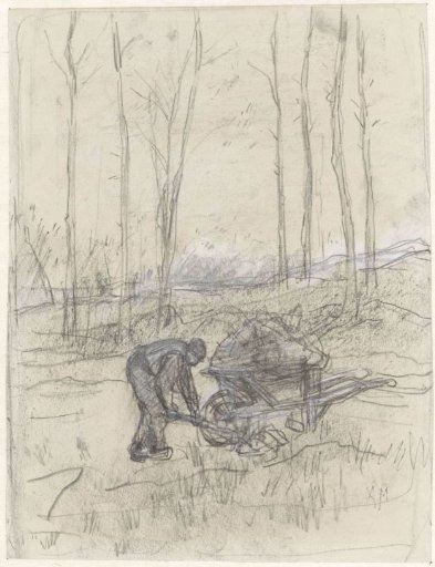 Farmer at work with a wheelbarrow in the wood
