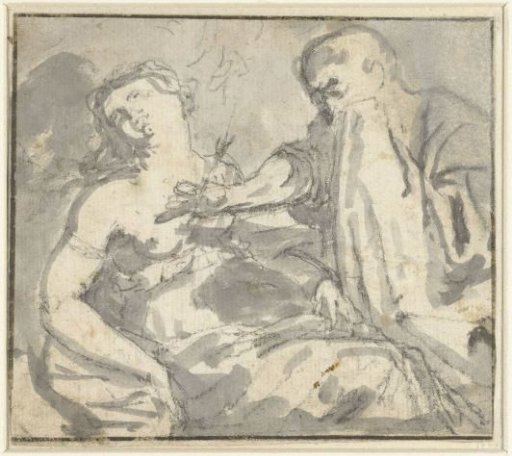 A man removing an arrow from the chest of a woman (Cephalus and Procris?)