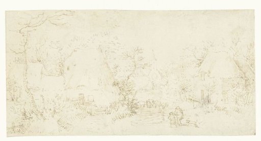 Village Street with a Shepherd and His Flock, a Small Boy and Dog