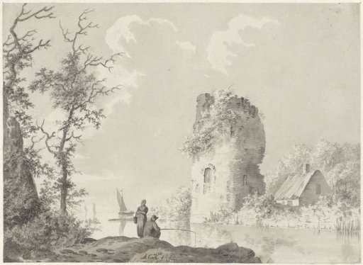 River landscape with tower and fisherman