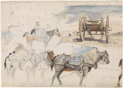 Study sheet with a shell cart on the beach and various studies of horses