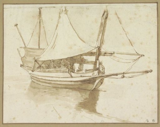 Two-masted ship with reefed sail