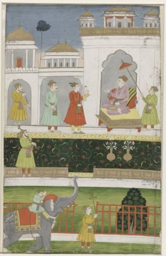 Akbar seated on his throne