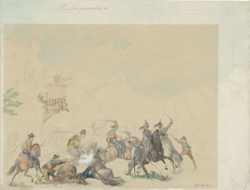 Cavalry fight near a house