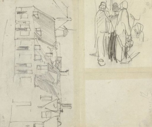 Sketches of houses and a group of people