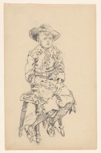 Boy in seventeenth-century clothing sitting on a stool