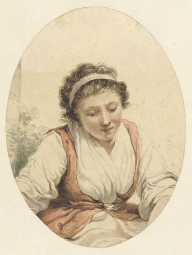 Woman with red vest and white ribbon in her hair