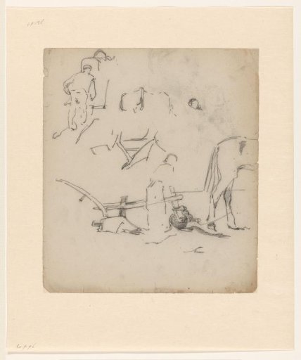 Sketch sheet with studies of a ploughing farmer