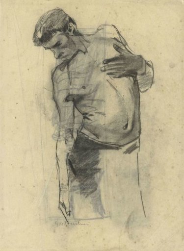 Model study of a standing half-naked man, looking downwards
