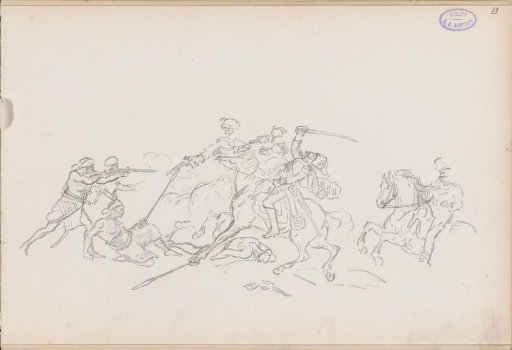 Fighting soldiers, partly on horseback