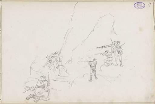 Fighting soldiers in a rocky landscape