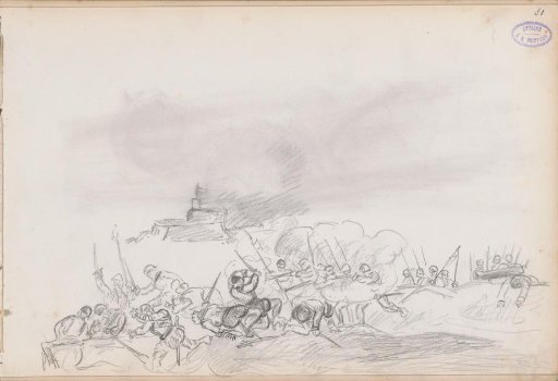 Fighting soldiers in the surf, partly in boats
