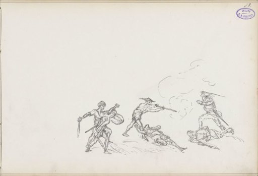 Fighting men with shields, swords, and muskets