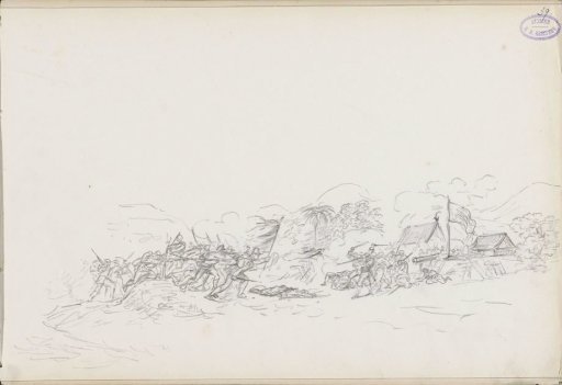 Fighting soldiers in a landscape with buildings