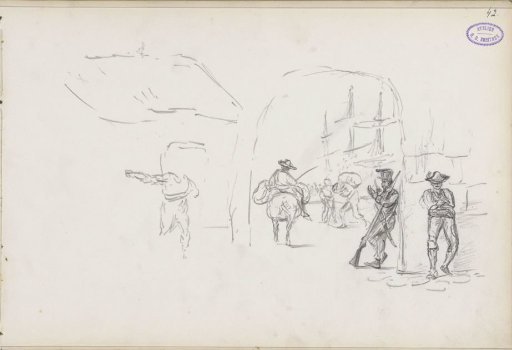 View of a harbor area with figures