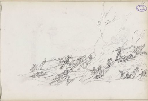 Fighting soldiers in a rocky landscape