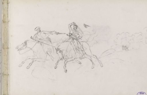 Two fighting soldiers on horseback