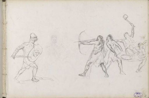 Battle between a soldier with a sword and two men with an axe and a bow and arrow