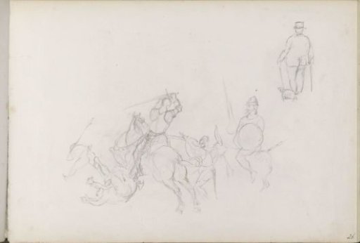 Fighting soldiers and a man with a dog
