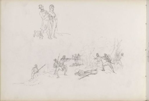 Fighting soldiers and a couple with a dog