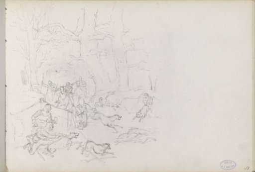 Hunters or soldiers with dogs in a forest