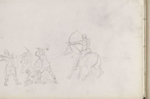 Soldiers with swords, an axe, and a bow and arrow