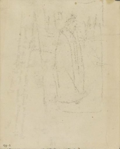Cast of a drawing of a figure in a cloak