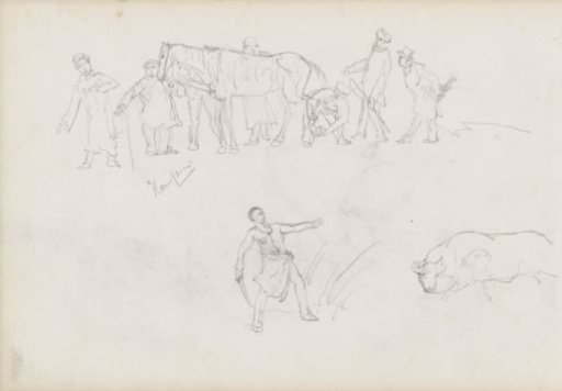 Armed Man Before a Bull and Men Around a Farrier