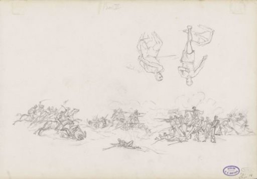 Field battle and two armed men in tunics