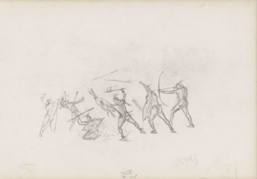 Fighting men with spears and bow and arrow