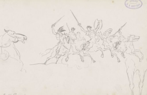 Soldiers with raised weapons on galloping horses